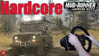 SpinTires MudRunner: ALMOST FLIPPED!! Hardcore Mode w/ Wheel! Downhill Map Let's Play Part 1