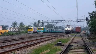 Train race & Crossing : Two emu train overtake parallely & Viswabharati passenger chasing local tren