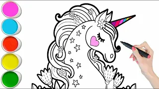 Cute Unicorn Drawing Painting and Coloring For Kida Toddlers || Easy Unicorn Drawing