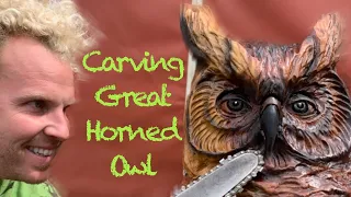 GREAT Big GREAT HORNED OWL Chainsaw Carving - Very Satisfying