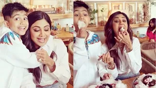 Shilpa Shetty & Son Viaan Kundra Eating Yummy Chocolate Dessert At Their Restaurant