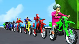 Game 5 Superhero vs spiderman vs hulk with Off-road motorbike racing challenge over obstacles funny