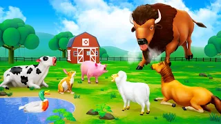 Barnyard Heroes - Giant American Bison vs Farm Animals | Cow Sheep Gorilla Rabbit Pig Funny Animals