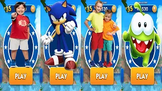 Sonic Dash vs Om Nom Run Tag with Ryan Vlad & Niki Run - All Characters Unlocked All Vehicles Boards