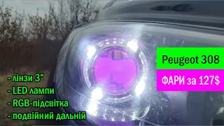 Фари для Пежо 308 за 127$ своїми руками з лінзами та LED-лампами