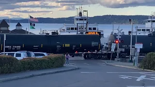 (Northbound) BNSF Mixed Freight Train departs the Steilacoom Ferry Terminal Railroad Crossing.