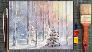 Уроки рисования. Как рисовать зимний пейзаж акварелью. Акварель для начинающих. Поэтапное рисование.