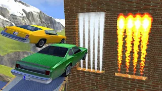 Crazy Vehicle High Speed Jumping Through FIRE Wall Or Dangerous Smoke Wall - BeamNG drive Crashes