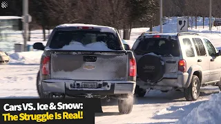 Cars sliding and crashing on snow and ice. This cross section is lethal!