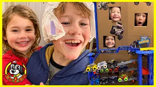 KID GAMES - Monster Jam Garage LAUNCHER CHALLENGE (Brother Vs Sister Funny Dares!)