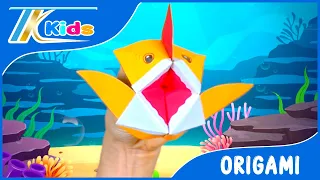 How to Make an Origami Baby Shark Puppet | Animal Song With Origami | TKKID Songs for Children