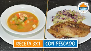 Comida completa, receta 3 x 1 con pescados y mariscos, sopa, guisado y ensalada en 1