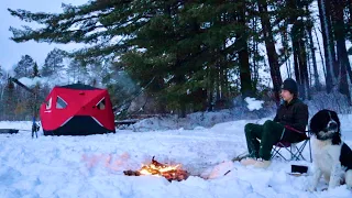 Solo WINTER Camping On FROZEN WILDERNESS Lake With Dog: Hot Tent And Wood Stove