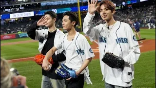 ENHYPEN Jay, Niki, & Heeseung First BaseBall Pitch at Seattle Mariners Game | 4/29/24