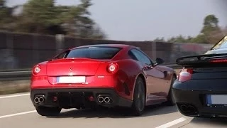 Ferrari 599 GTO vs Killer Porsche 911 Turbo PDK - Crazy Autobahn Acceleration & Sound