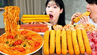 ASMR MUKBANG| 직접 만든 불닭볶음면 롱치즈스틱 소세지 먹방 & 레시피 FRIED CHICKEN AND FIRE NOODLES EATING